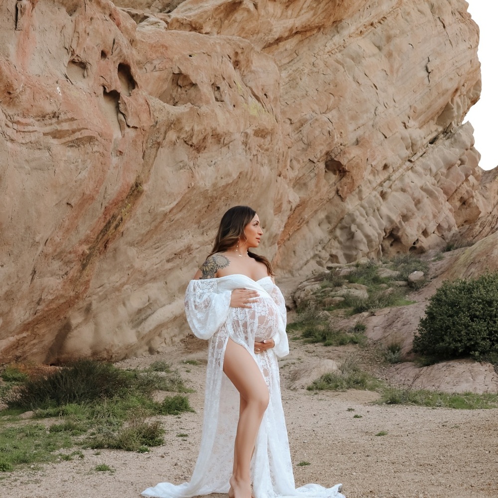 White Lace Maternity Dress- Sheer Off-Shoulder Photography Gown